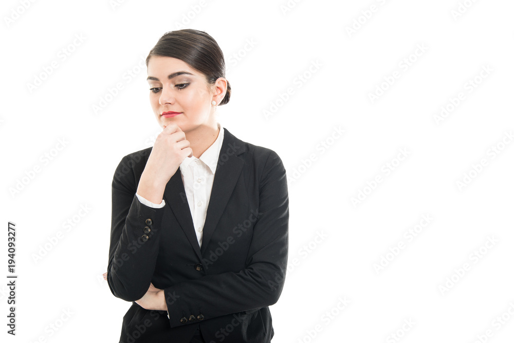 Portrait of beautiful female flight making thinking gesture Portrait of beautiful female flight making thinking gesture