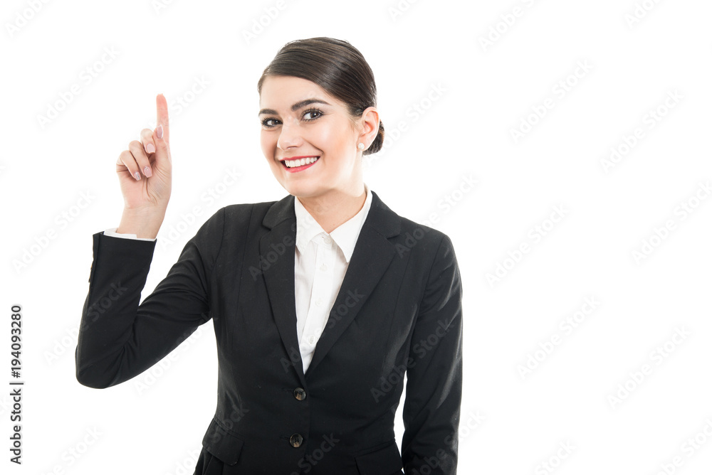 Portrait of beautiful female flight making good idea gesture Portrait of beautiful female flight making good idea gesture