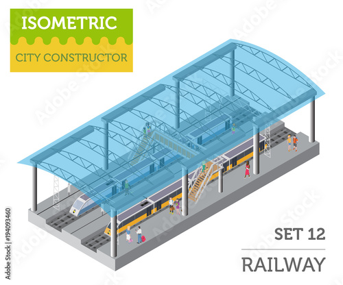 3d isometric Train station and city map constructor elements isolated on white. Build your own railway infographic collection