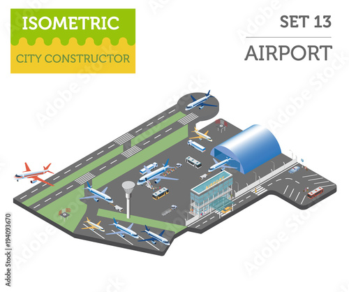 3d isometric airport and city map constructor elements isolated on white. Build your own infographic collection