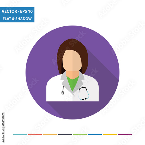 Female doctor flat icon with long shadow. Vector Illustration.