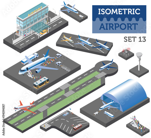 3d isometric airport and city map constructor elements isolated on white. Build your own infographic collection