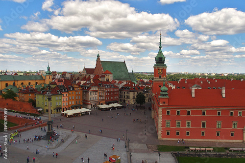 A view from above of the Warsaw old city and the surrounding buildings on a summer  day