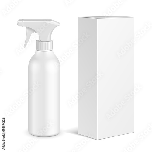 Spray Pistol Cleaner Plastic Bottle With Cardboard Box. Illustration Isolated On White Background. Ready For Your Design. Product Packing. Vector EPS10EPS10