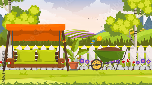 Beautiful Flower Bed Vector Illustration. Flowering Garden in Spring. Landscape Background.