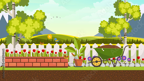 Beautiful Flower Bed Vector Illustration. Flowering Garden in Spring. Landscape Background.