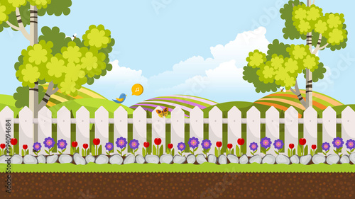 Beautiful Flower Bed Vector Illustration. Flowering Garden in Spring. Landscape Background.