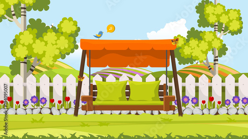 Beautiful Flower Bed Vector Illustration. Flowering Garden in Spring. Landscape Background.
