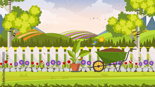 Beautiful Flower Bed Vector Illustration. Flowering Garden in Spring. Landscape Background.