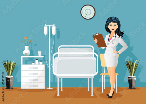 Female doctor with stethoscope, Holding a medical record in hospital ward, Hospital room interior - Vector illustration 