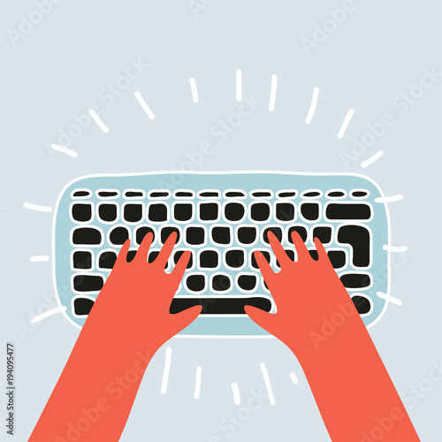 Cartoon hands on white keyboard and mouse of computer.