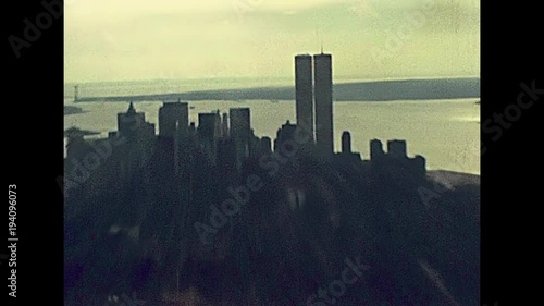 Archival Manhattan skyline aerial view from the top of Empire State Building. with World Trade Center and Twin Towers of old New York city, United States of America in 1981. Vintage USA on 80s.