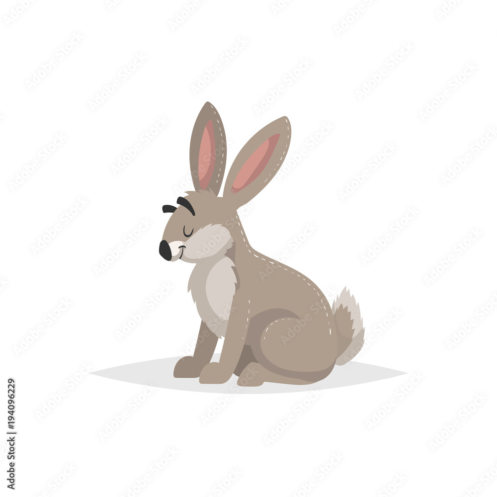 Cartoon cheerful sitting hare. Forest Europe and North America animal. Flat with simple gradients trendy design. Education vector illustration.