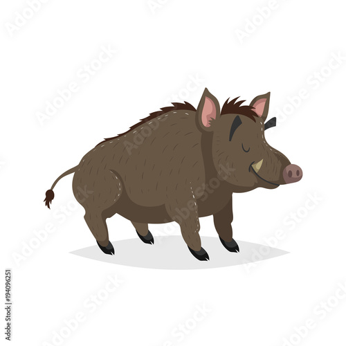 Cartoon cheerful adult boar. Forest Europe and North America animal. Flat with simple gradients trendy design. Education vector illustration.