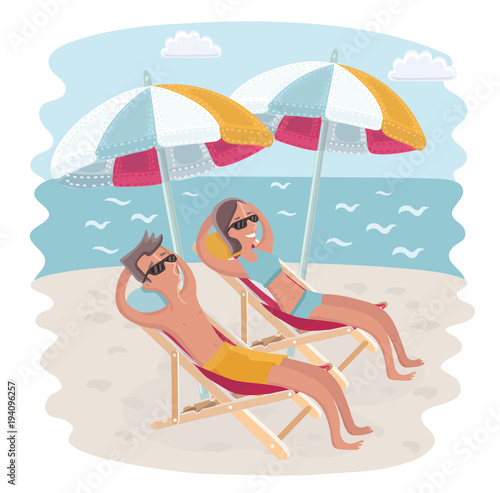 Couple at the beach on the chair. Seashore vacation. Sunbathing and honeymoon.