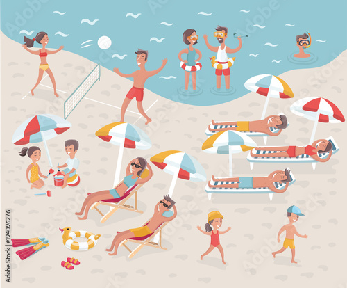 Beach: Cartoon illustration of busy beach. No transparency and gradients used.