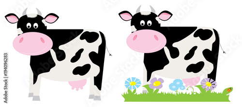 cute smiling happy cow with spots and the grass, flowers, meadow / vectors illustration  for children