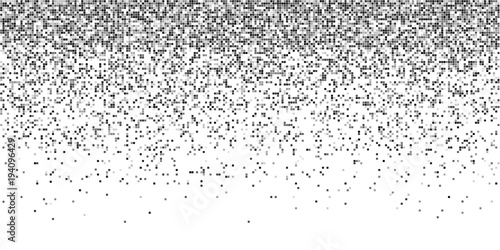 Rain from squared random placed pixels. Neural training conception. Falling information parts. Digital gradient from pixels mosaic. Abstract technologycal monochrome background. Vector illustration