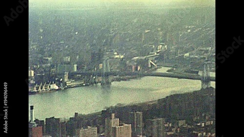 Archival Manhattan skyline aerial view from the top of Empire State Building. with George Washington Bridge in old New York city, United States of America in 1981. Vintage USA on 80s.