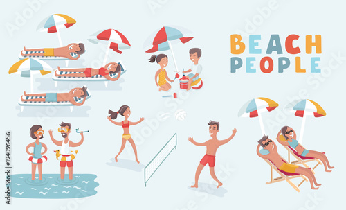 Family vacation set. Man woman children going have fun interesting holidays illustration. Travelling tourism life style collection.