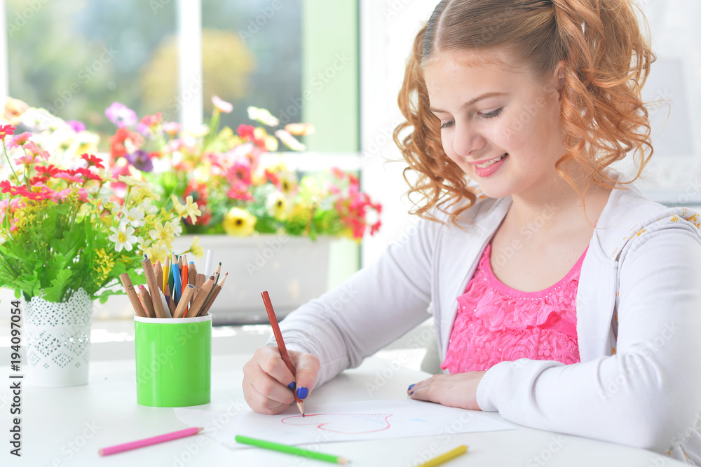  girl drawing  at home