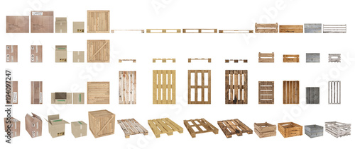 A set of pallets, boxes and cartons. Top view, side view, front view and perspective. Isolated on white background. 3d rendering.