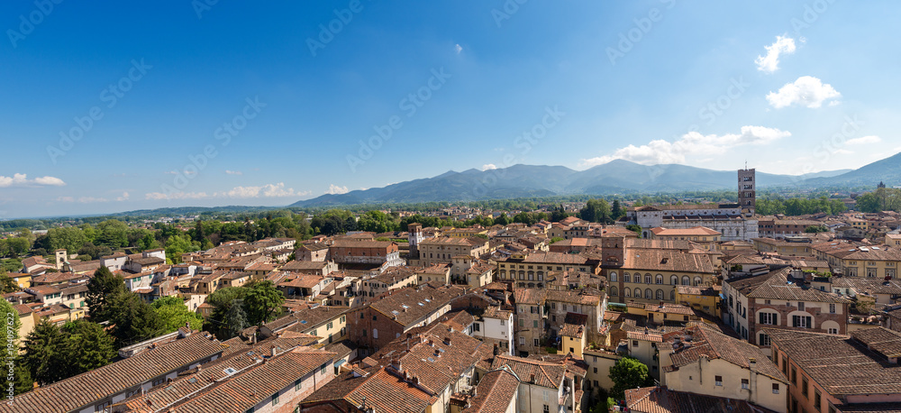Aerial view of Lucca, Tuscany, Italy. View from the Guinigi tower