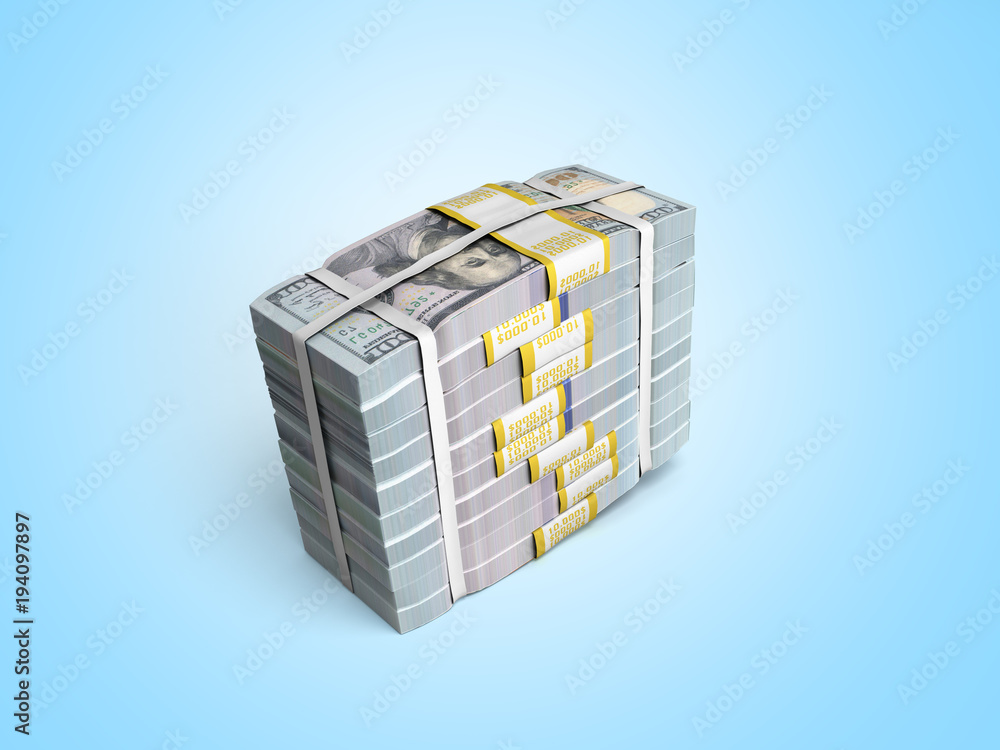 concept of money Deposite Big Stack of dollar bills Cash With Bow 3d render on blue
