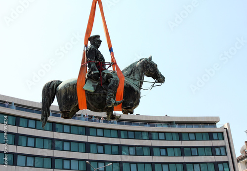 Disassembly for basic cleaning the statue of Tsar Osvoboditel , monument of King Liberator - Russian king Alexander II , built in 1907 year, in Sofia, Bulgaria – sept 5,2012. Dismantlement of monument photo