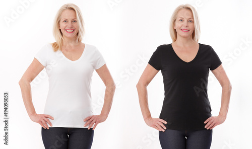 T-shirt design and people concept - close up of woman in blank black and white t-shirt, shirt front isolated. Mock up.