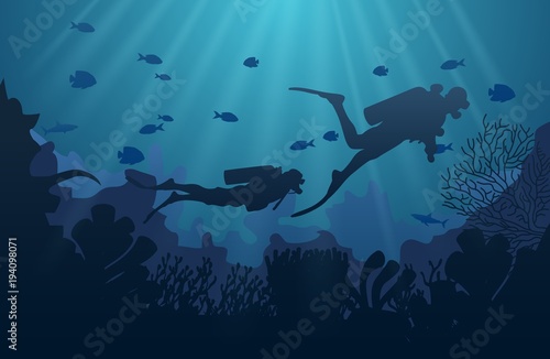 Silhouette of diver  coral reef and underwater cave on a blue sea background. Vector illustration.