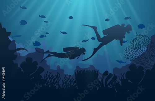 Silhouette of diver, coral reef and underwater cave on a blue sea background. Vector illustration.