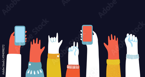 Hands in The Air - fans at a concert. Vector illustration