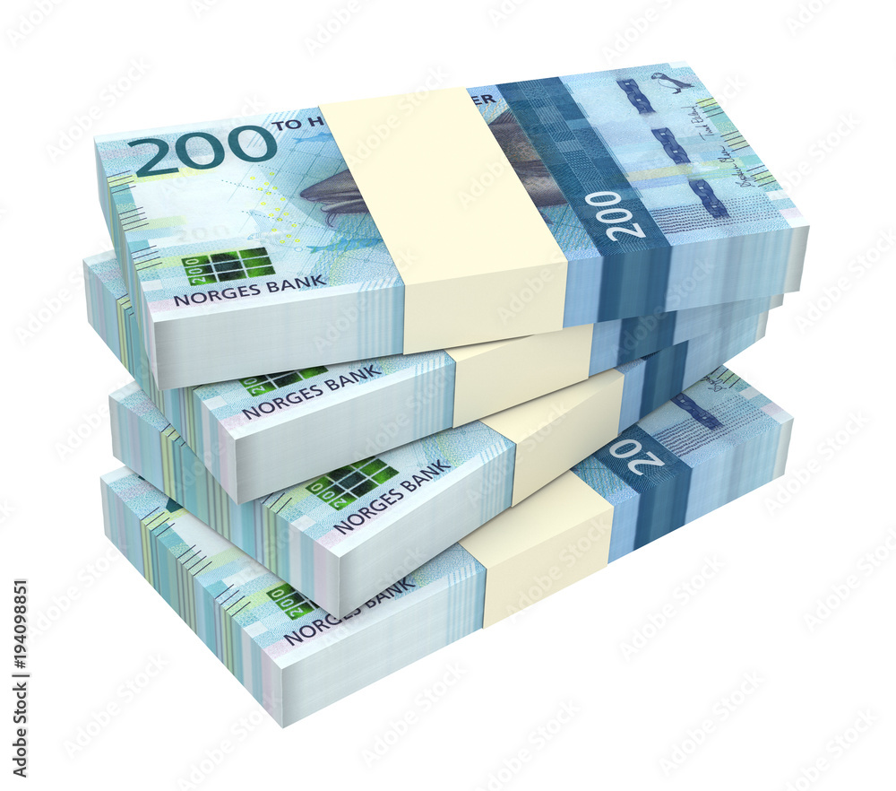 Norwegian krone bills isolated on white with clipping path. 3D illustration Norwegian krone bills isolated on white with clipping path. 3D illustration