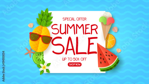 Summer sale web banner. Summer composition with flat paper cut elements on blue backdrop. Seasonal discount promo illustration.