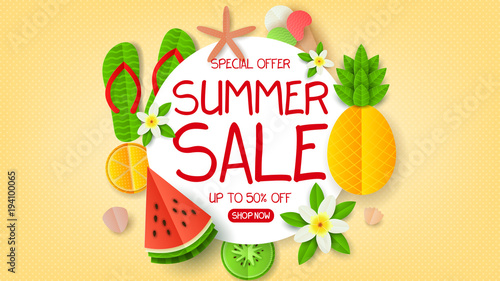 Web banner for summer sale. Summer composition with flat paper cut elements on color backdrop. Seasonal discount promo illustration.