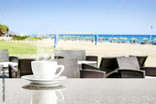 Desk of free space and beach background