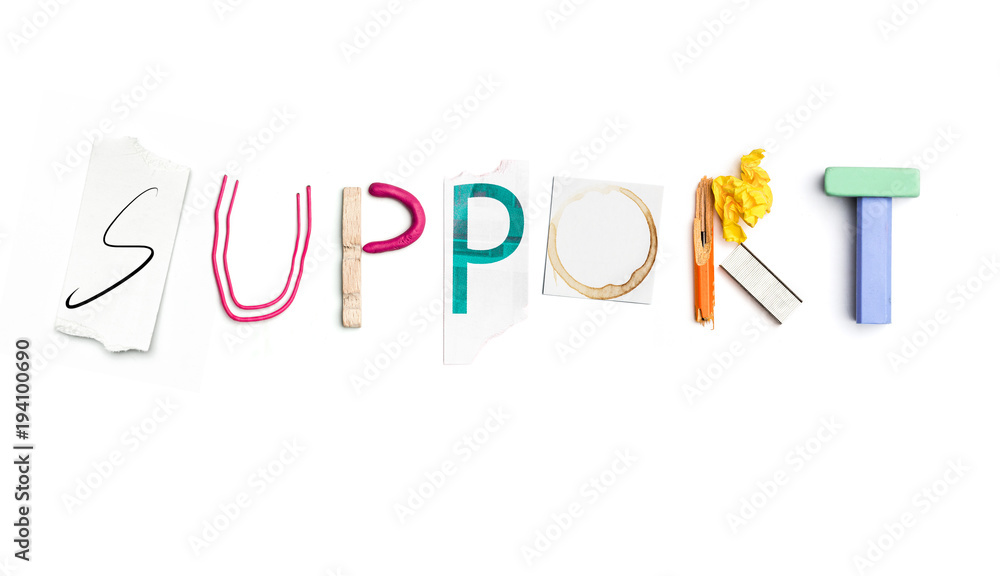 The word support created from office stationery.