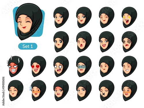 The first set of muslim woman wearing a black hijab cartoon character avatars with different facial emotions and expressions, pleased, rage, in love, ill, silent, grumpy, irritated, shy, worried, etc.