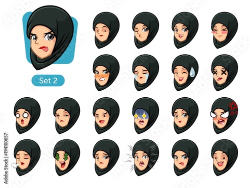 The second set of muslim woman wearing a black hijab cartoon character avatars with different facial emotions and expressions, sad, tired, angry, die, mercenary, disappointed, shocked, tasty, etc.