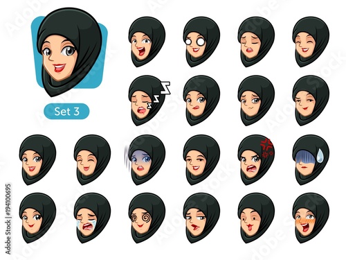 The third set of muslim woman wearing a black hijab cartoon character avatars with different facial emotions and expressions, cry, sleep, pissed of, embarrassed, fear, triumph, confused, fear, etc.