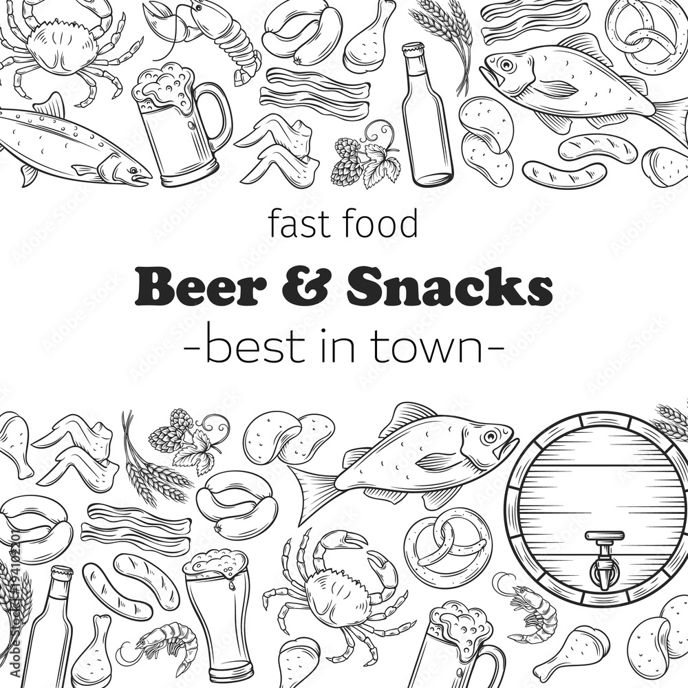 Pub Food and Beer Hand Drawn Template Stock Vector | Adobe Stock