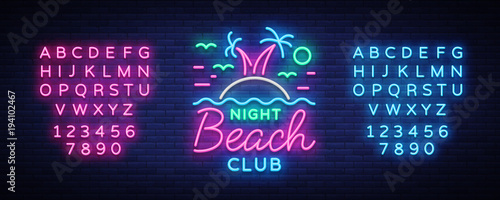 Beach nightclub neon sign. Logo in Neon Style, Symbol, Design Template for Nightclub, Night Party Advertising, Discos, Celebration. Neon banner. Summer. Vector illustration. Editing text neon sign photo
