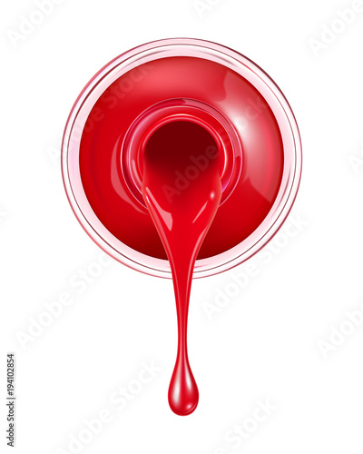 Red nail polish pouring from a bottle on white background