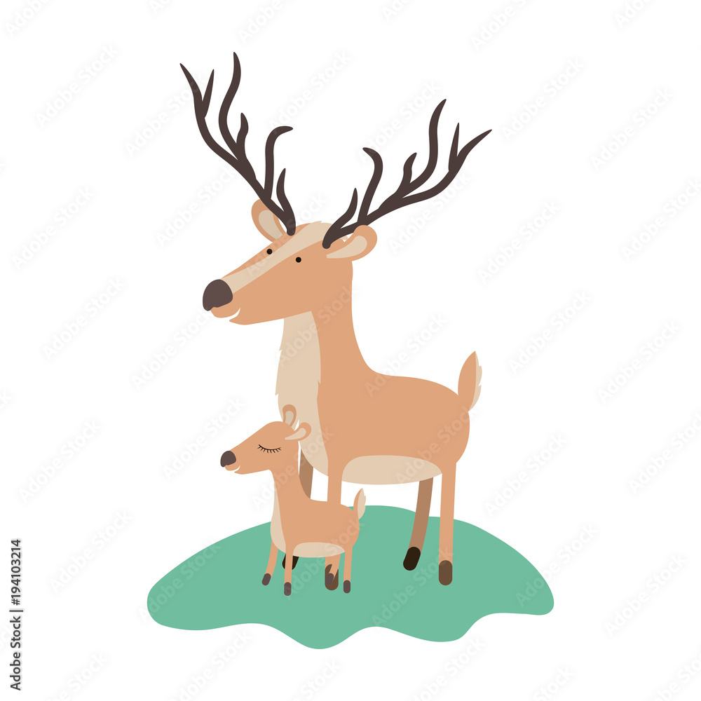 cartoon deer and calf over grass in colorful silhouette on white background vector illustration cartoon deer and calf over grass in colorful silhouette on white background vector illustration