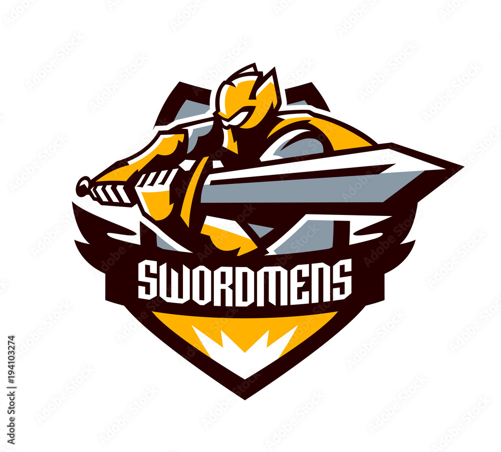 A colorful logo, a sticker, an emblem, a knight is attacking with a sword. Gold armor of the knight, paladin, swordsman, warrior, shield, lettering. Mascot sports club, vector illustration