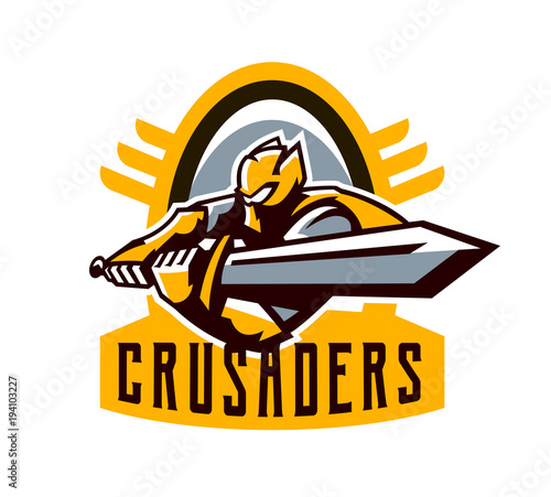 A colorful logo, a sticker, an emblem, a knight is attacking with a sword. Gold armor of the knight, paladin, swordsman, warrior, shield, lettering. Mascot sports club, vector illustration