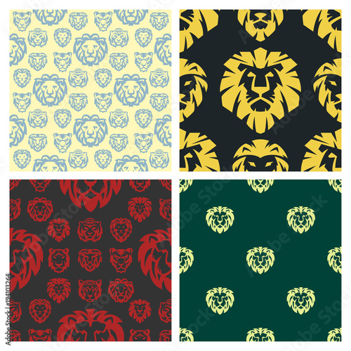 Fototapeta Naklejka Na Ścianę i Meble -  Tiger and lions face seamless pattern background strength predator power wildcat vector illustration.