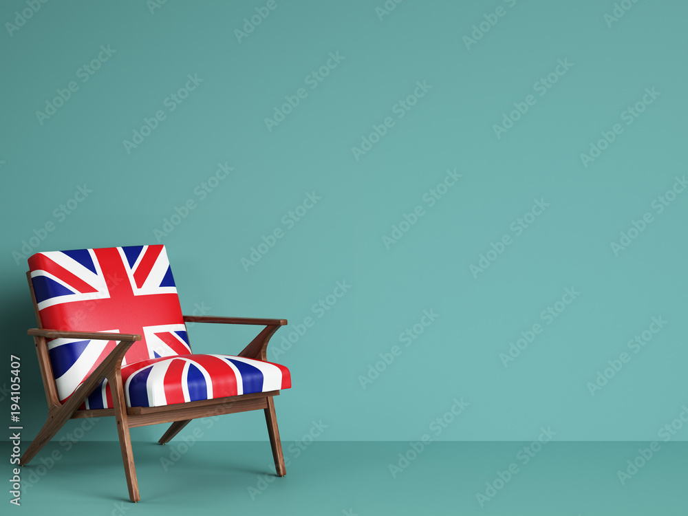 United Kingdom flag chair on blue background with copy space. Digital illustration.3d rendering - obrazy, fototapety, plakaty 