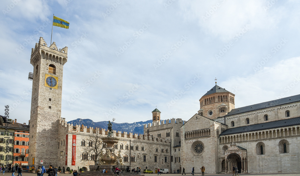 Duomo square with the Fountain of Nettuno and the Cathedral of San Vigilio in the background, Trento, Trentino Alto Adige, Italy